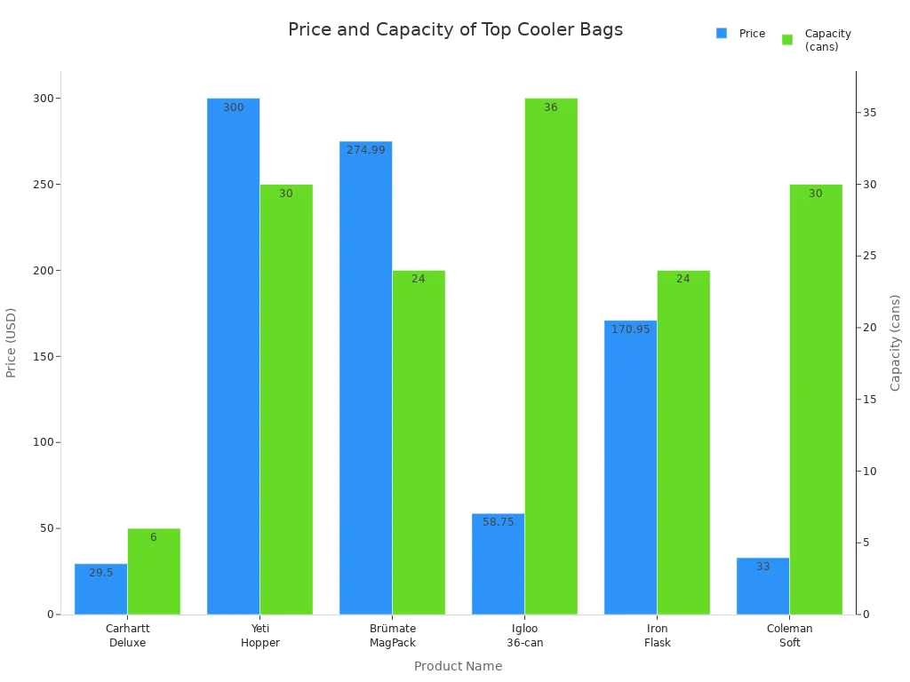 Bar chart comparing price and capacity of top large cooler lunch bags for work